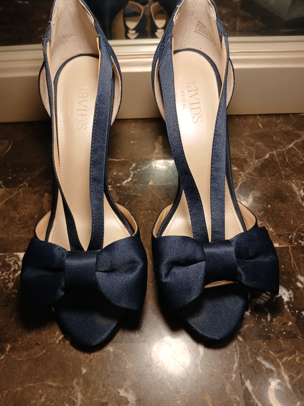 David's Bridal Navy Satin Bow Peep-Toe Heels - Picture 3 of 14